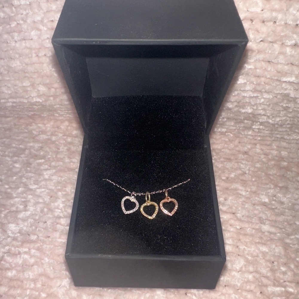 Zales Triple Diamond Heart Pendant in 10K Tri-Tone Gold on White Gold Chain